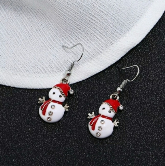 Red & White Winter Snowman Dangle Drop Earrings - Picture 1 of 8